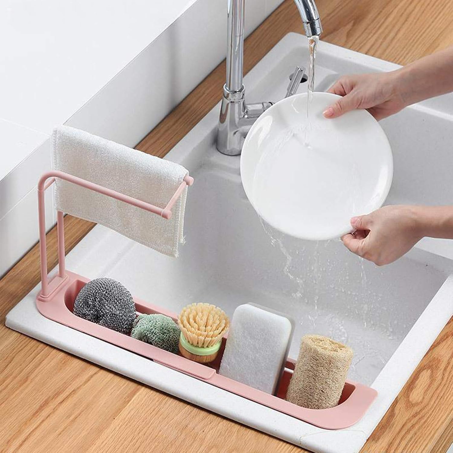 Kitchen Sink Organizer Rack With Towel Holder  Drain Tray (1 Pc)
