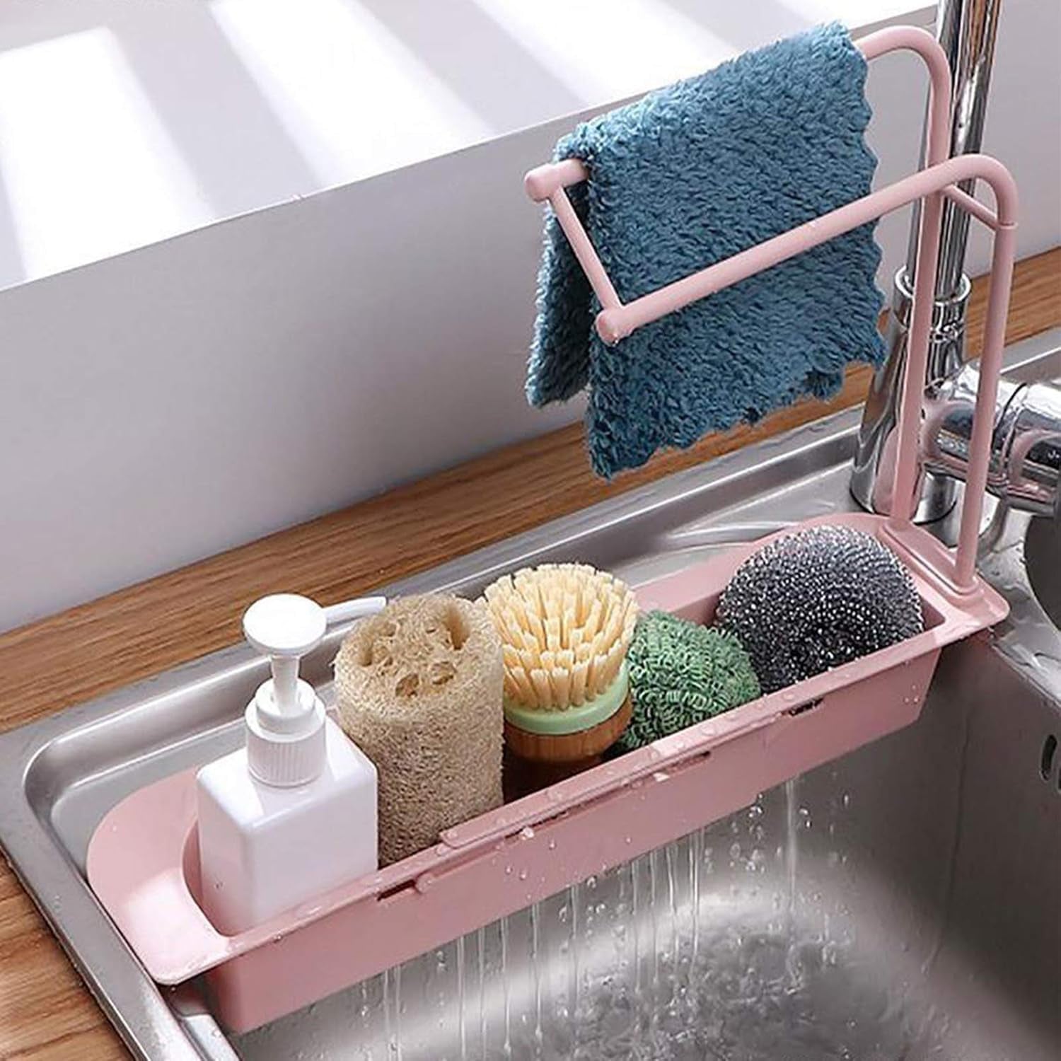 Kitchen Sink Organizer Rack With Towel Holder  Drain Tray (1 Pc)